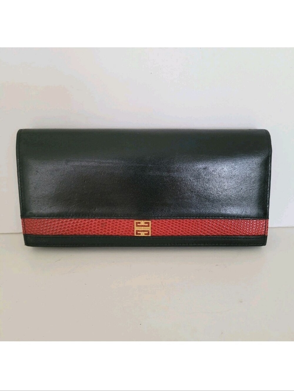 Givenchy Black Leather Clutch with Red Lizard Accent and Gold Hardware Vintage